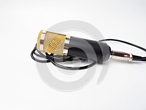 Picture of a black condenser microphone on a white isolated background