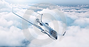 Picture of black luxury generic design private jet flying in blue sky. Huge white clouds at background. Business travel