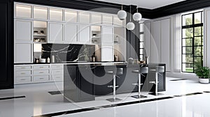 Picture of black and white kitchen design. Generative AI