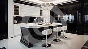 Picture of black and white kitchen design. Generative AI