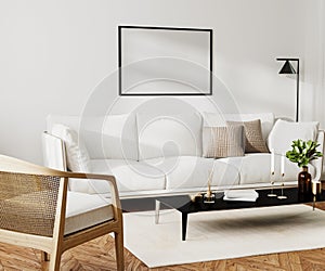 picture blank frame mock up in home living room interior with white sofa and coffee table with decor, 3d rendering