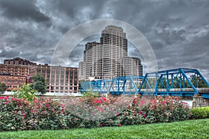 Picture of the blue bridge on a cloudy day