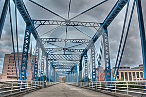 Picture of the blue bridge on a cloudy day
