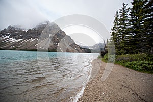 A picture of Bow lake, Bow peak and Bow glacier.