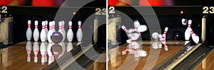 Picture of bowling ball hitting pins scoring a strike