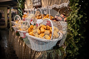 Bread or loafs on display in a christmas setting at a market in Gdansk, Poland photo