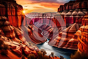 Picture a breathtaking summer evening in a vibrant canyon, where the setting sun bathes the landscape in warm hues