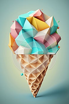 Picture of bright colorful ice-cream cone on blue background: colorblocks. Generative AI photo