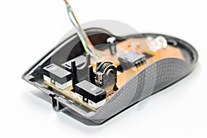 A picture of broken computer mouse on white background ,