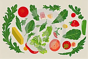 a picture of a bunch of vegetables on a white background with a green border around them and a yellow block of cheese