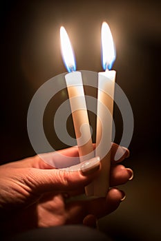 burning church candles in the hands of children on a dark background