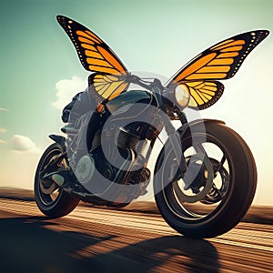 A picture of a butterfly riding a motorcycle in vaporware style with a wide-angle view - generated by ai