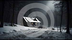 a picture of a cabin with the moon in the background Winter\'s Embrace A Small Farmer\'s House