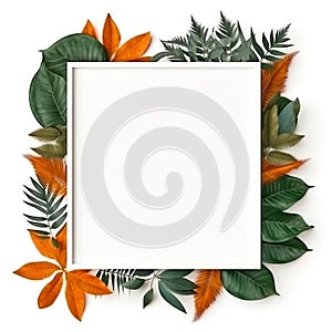 Picture canvas frame mockup against a pristine white background, elegantly surrounded by lush leaves.