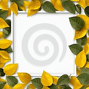 Picture canvas frame mockup against a pristine white background, elegantly surrounded by lush leaves.