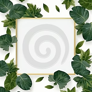 Picture canvas frame mockup against a pristine white background, elegantly surrounded by lush leaves.