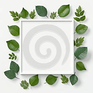 Picture canvas frame mockup against a pristine white background, elegantly surrounded by lush leaves.