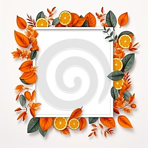 Picture canvas frame mockup against a pristine white background, elegantly surrounded by orange lush leaves.