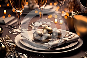 shot of a New Year's Eve party table setting with champagne glasses and party favours (AI Generated)
