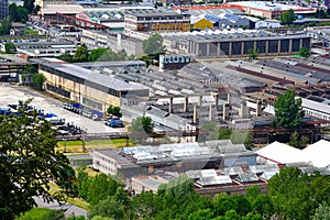 Bird`s eye view of a car factory during the coronavirus period