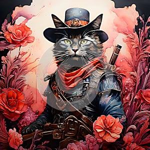Picture a cat, dressed in a cowboy outfit, riding his horse to the infamous OK Corral. The cat is a skilled gunslinger, photo