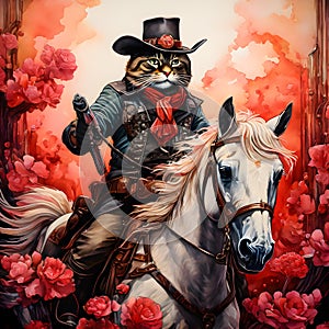 Picture a cat, dressed in a cowboy outfit, riding his horse to the infamous OK Corral. The cat is a skilled gunslinger, photo