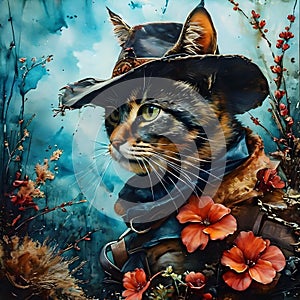 Picture a cat, dressed in a cowboy outfit, riding his horse to the infamous OK Corral. The cat is a skilled gunslinger, photo