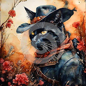 Picture a cat, dressed in a cowboy outfit, riding his horse to the infamous OK Corral. The cat is a skilled gunslinger, photo