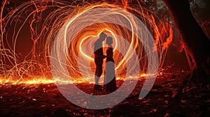 A picture of caucasian couple hugging each other near heart shape fire. AIGX01.