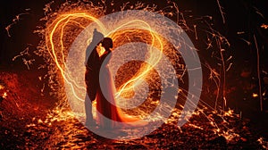 A picture of caucasian couple hugging each other near heart shape fire. AIGX01.
