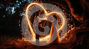 A picture of caucasian couple hugging each other near heart shape fire. AIGX01.