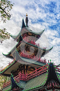 Picture of chinese pagoda with blue sky and clouds on the background