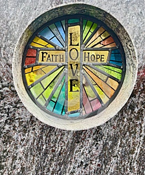 Faith, Hope and Love stained glass circular glass