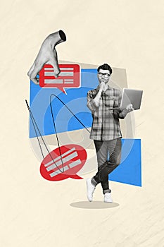Picture collage artwork of minded thoughtful man geek hold wireless netbook write answer letter isolated on drawing
