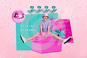 Picture collage image of cheerful positive man sitting on huge giff box rejoce birthday day isolated on colorful photo