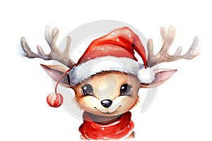 Picture of colored drawing funny of christmas fawn wearing santa hat. Concept Christmas card.Close up.Copy space.Generative AI