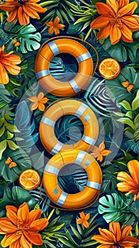 A picture of a colorful background with life preservers and leaves, AI