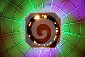 Colorful lights on a dome ceiling in the basketball hall of fame in springfield Massachusetts