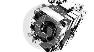 Picture of complex black square shape cube in a monochrome glitch style. AIG53.