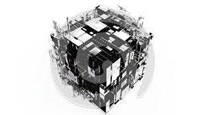 Picture of complex black square shape cube in a monochrome glitch style. AIG53.