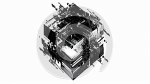 Picture of complex black square shape cube in a monochrome glitch style. AIG53.