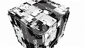 Picture of complex black square shape cube in a monochrome glitch style. AIG53.