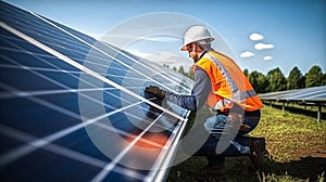 Picture of contrition guy installing solar panels in a solar farm, energy saving concept,