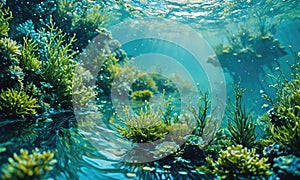 A picture of a coral reef with a lot of green plants and algae.