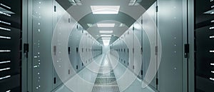 This is a picture of the corridor in a working data center full of rack servers and supercomputers with high-definition