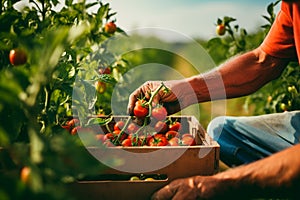 Picture is cropped, old farmer male two hands picking red cherry tomatoes from a bush to a big paper box in the field at