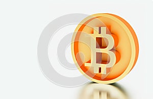 3D Design of a Golden Bitcoin Virtual Cryptocurrency on a White Background with Bottom Surplus photo