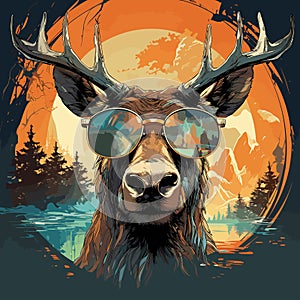 Picture of deer with sunglasses on it's face and the sun in the background