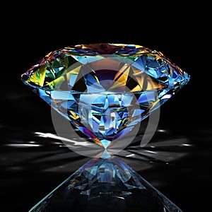 Picture diamond jewel on black background. Beautiful sparkling shining round shape emerald image. 3D render brilliant