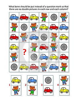 Picture domino sudoku game for kids with cars, wheels and bear mechanics.